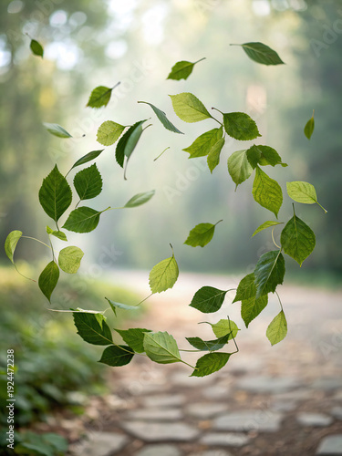 A leafy wreath floats above a stone pathway