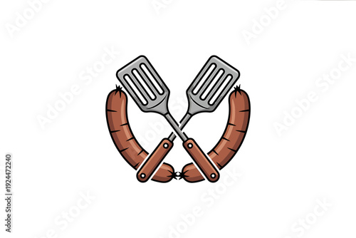 Illustration of crossed spatulas with sausages on white background