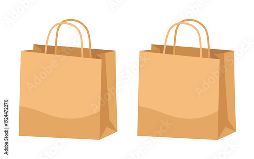 Two brown paper shopping bags with handles on white background