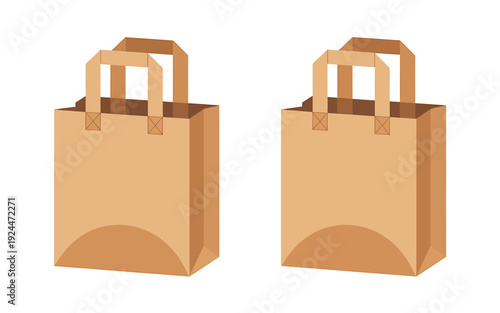 Brown paper bags with handles on white background for shopping and packaging needs
