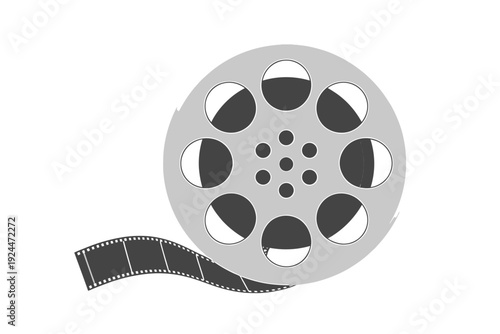 Film reel with curled strip of movie film stock  cinema concept