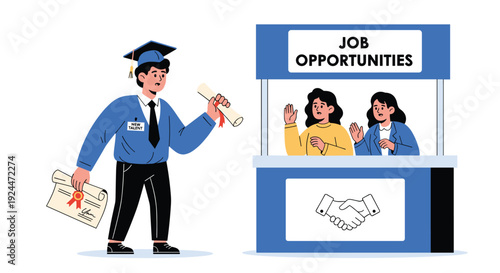 Recent graduate with diploma seeks job opportunities at a recruitment booth