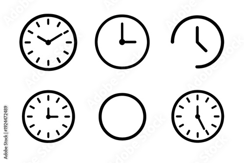 Set of six black minimalist analog clock icons and circular outlines on a transparent background showing various hand positions and tick marks Free Download Set of six black minimalist analog clock icons and circular outlines on a transparent background showing various hand positions and tick marks - GFXLoad