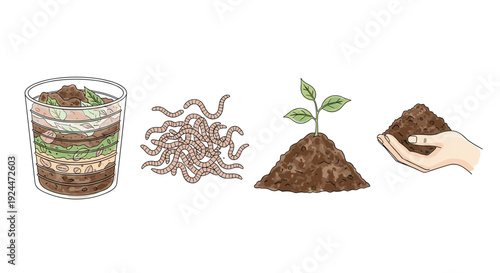 Composting process stages: vermicompost bin, worms, seedling growth, and rich soil in hand