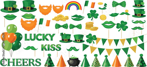 St Patrick’s Day Vector Set with Leprechaun Hats Shamrocks Gold Coins Irish Flags Balloons Mustaches Rainbow and Festive Party Decorations
