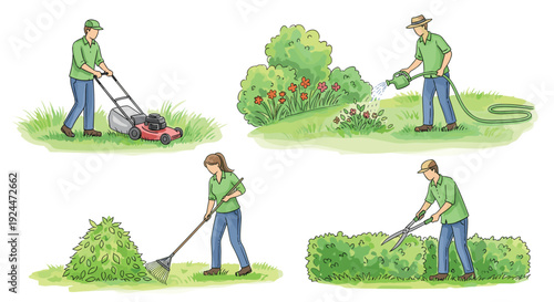 Diverse people engaged in various garden maintenance tasks, illustrating seasonal yard work