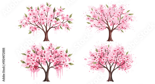 Watercolor cherry blossom trees with pink petals and green leaves, artistic illustration