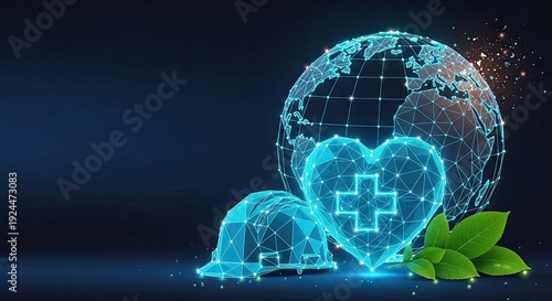 Wallpaper Mural A luminous blue polygonal globe, hard hat, and medical heart represent hse with green leaves rest on a dark surface. Torontodigital.ca