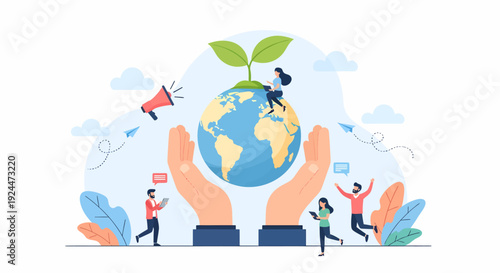 People working together to protect the planet Earth with eco-friendly actions and sustainable practices