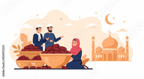 Family Gathering During Ramadan Celebration with Dates and Mosque in Background Illustration