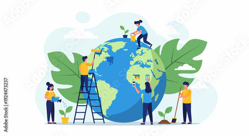 People working together to plant trees and care for the Earth from various viewpoints around the globe illustration