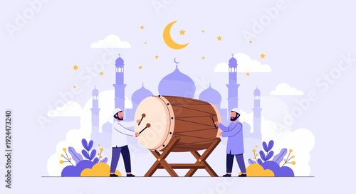 People carrying a large drum towards a mosque during a festive celebration under a crescent moon with stars
