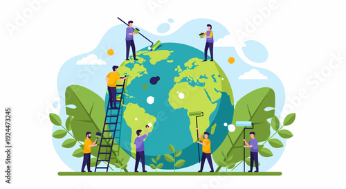 People working together to nurture the Earth from various viewpoints around the globe illustration