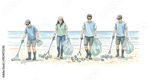 Volunteers cleaning up plastic waste and trash from a sandy beach near the ocean