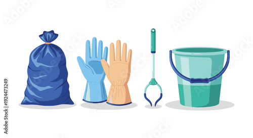 Collection of cleaning supplies including a trash bag, gloves, grabber tool, and bucket