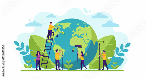 People working together to paint and maintain a large globe surrounded by nature from various viewpoints