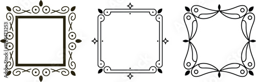 Three black decorative ornamental frames in whote background with floral and geometric border 