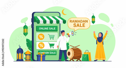 People celebrating Ramadan with online shopping on a large mobile device surrounded by festive decorations