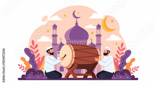 Men beating a large drum in front of a mosque with minarets and crescent moons at dusk from a slightly elevated viewpoint