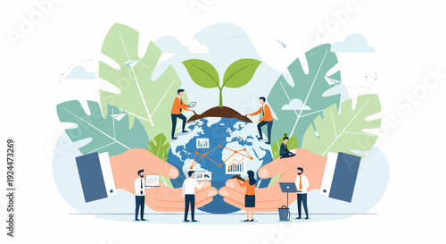 People working together on environmental conservation around the globe from various viewpoints in a lush, green landscape illustration