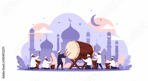 Community Gathering During Ramadan Night with Drum Procession in Front of Mosque Silhouette Illustration