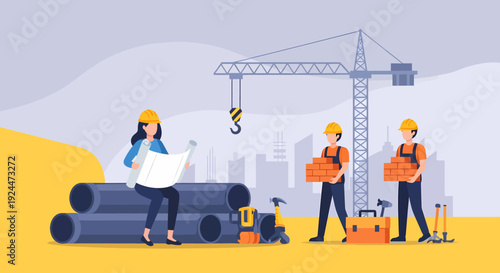 Construction workers collaborating on a building site with a crane in the background