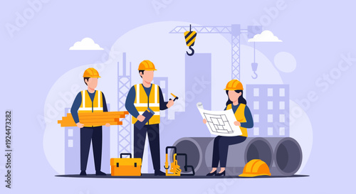 Construction workers collaborating on a building site with crane and construction materials