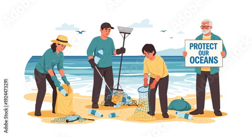 Diverse group of people cleaning a beach, collecting plastic waste for ocean conservation