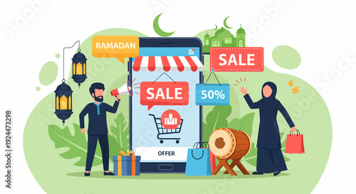 Man and woman celebrating Ramadan sale on a giant smartphone with discount banners and shopping bags in a festive atmosphere