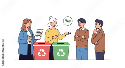 Diverse group discusses recycling and environmental sustainability with recycling bins