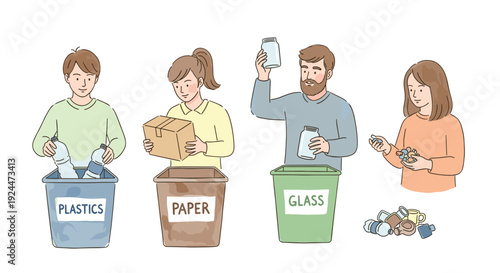 People sorting different types of waste into recycling bins for a sustainable future