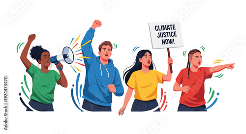 Diverse group of young people protesting for climate justice with signs and megaphones