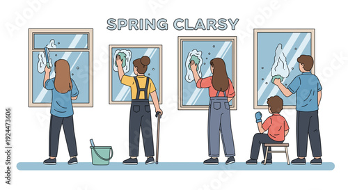 Family members cleaning windows together as a spring cleaning activity