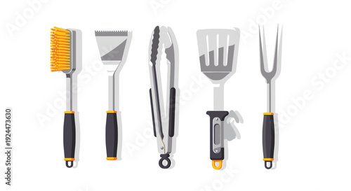 Set of five essential barbecue grilling tools including a brush, scraper, tongs, spatula, and fork