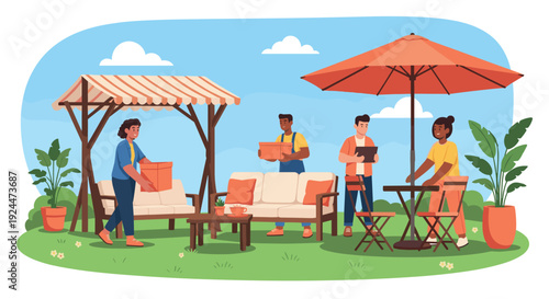 Diverse group of people setting up outdoor patio furniture and decor for summer relaxation