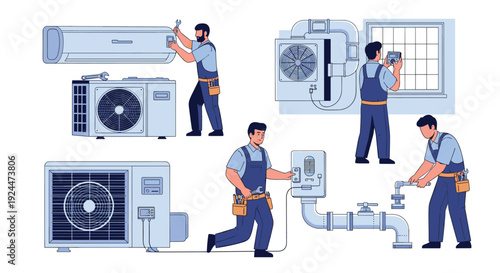 HVAC technicians performing installation and maintenance on air conditioning units and pipes
