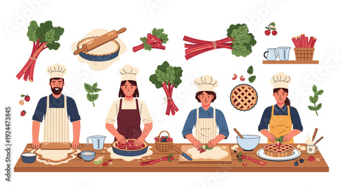 Diverse group of bakers preparing delicious rhubarb pies and tarts in a bright kitchen setting