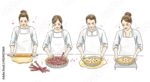 Diverse couple making rhubarb pie step-by-step in a charming watercolor illustration