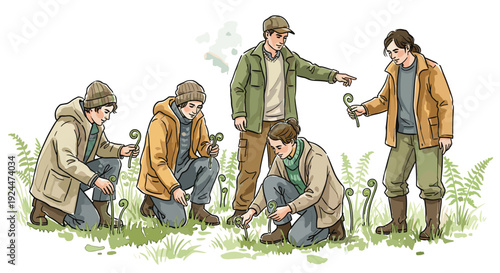 Diverse group of people learning about fern growth in a field setting