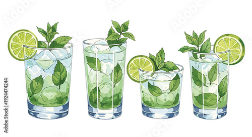 Refreshing mojito cocktails with mint and lime, illustrated in a watercolor style