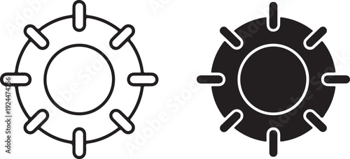 Two distinct circular designs with symmetrical extensions and contrasting colors isolated on white background, illustration