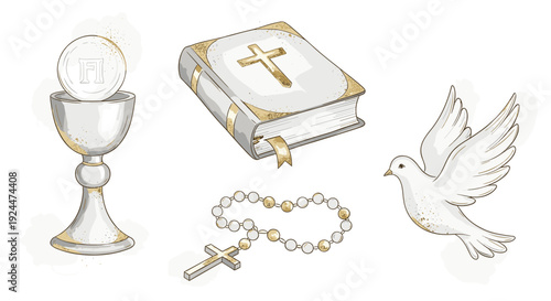 Religious symbols of communion, faith, and peace, including a chalice, Bible, rosary, and dove