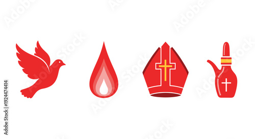 Christian symbols including a dove, flame, mitre, and holy water sprinkler in red
