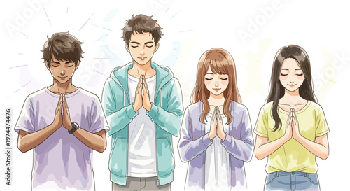 Diverse group of young adults praying together with eyes closed and hands clasped in unity