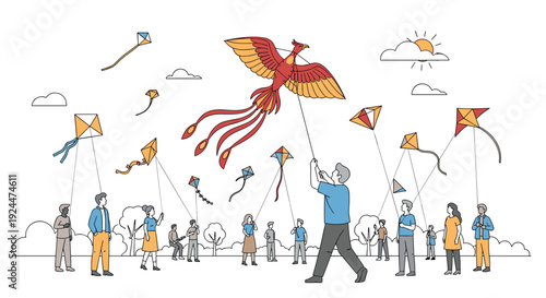 Diverse group of people flying kites in a park on a sunny day