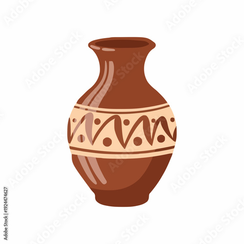 Antique Terracotta Vase With Geometric Pattern And Narrow Neck Displayed On White Background
