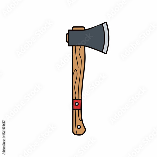 Illustration of a classic hand axe with a sharp metallic blade and a wooden handle with red accents isolated on a clean white background