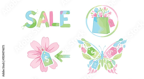 Spring sale and shopping icons with watercolor effect and price tags