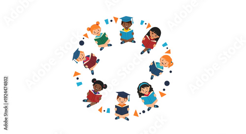 Diverse children sit in a circle reading books on Read Across America Day in a multicultural classroom setting with a colorful illustration style