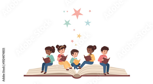 Diverse children sit on an open book reading with colorful stars floating above in a multicultural classroom reading concept illustration